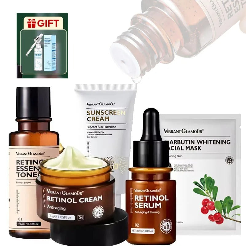 Retinol Skincare Set – 5-Piece Anti-Aging Face Cream, Toner, Essence & Sunscreen Kit