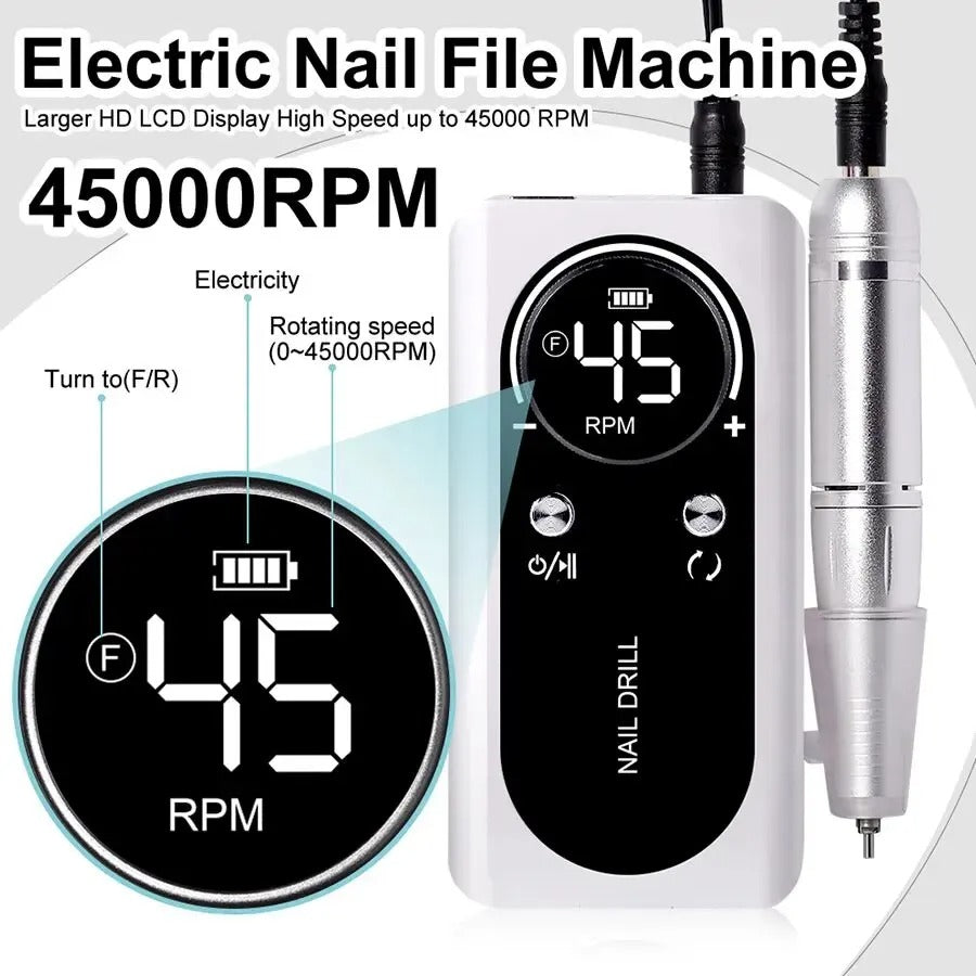 Portable Electric Nail Drill Machine 45000RPM Rechargeable Tool