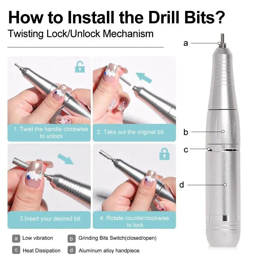 Portable Electric Nail Drill Machine 45000RPM Rechargeable Tool