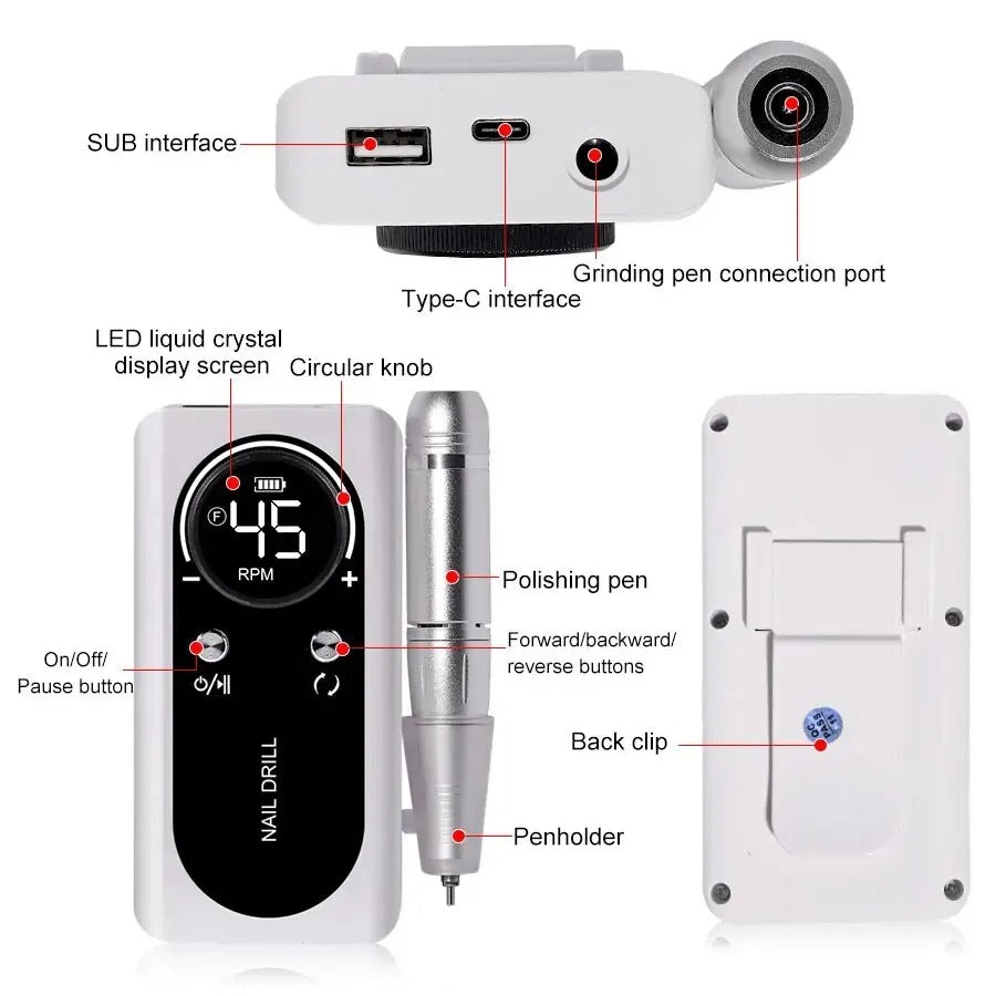 Portable Electric Nail Drill Machine 45000RPM Rechargeable Tool