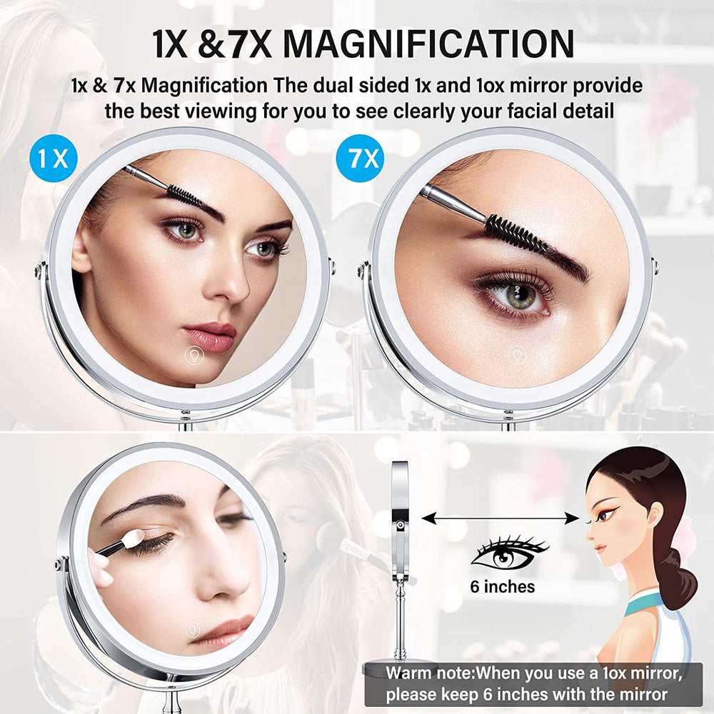 LED Makeup Mirror 1x/7x Magnification with Lights, 8" Double Sided Vanity Mirror 360° Rotating, 3 Light Mode, Smart Touch, USB Rechargeable