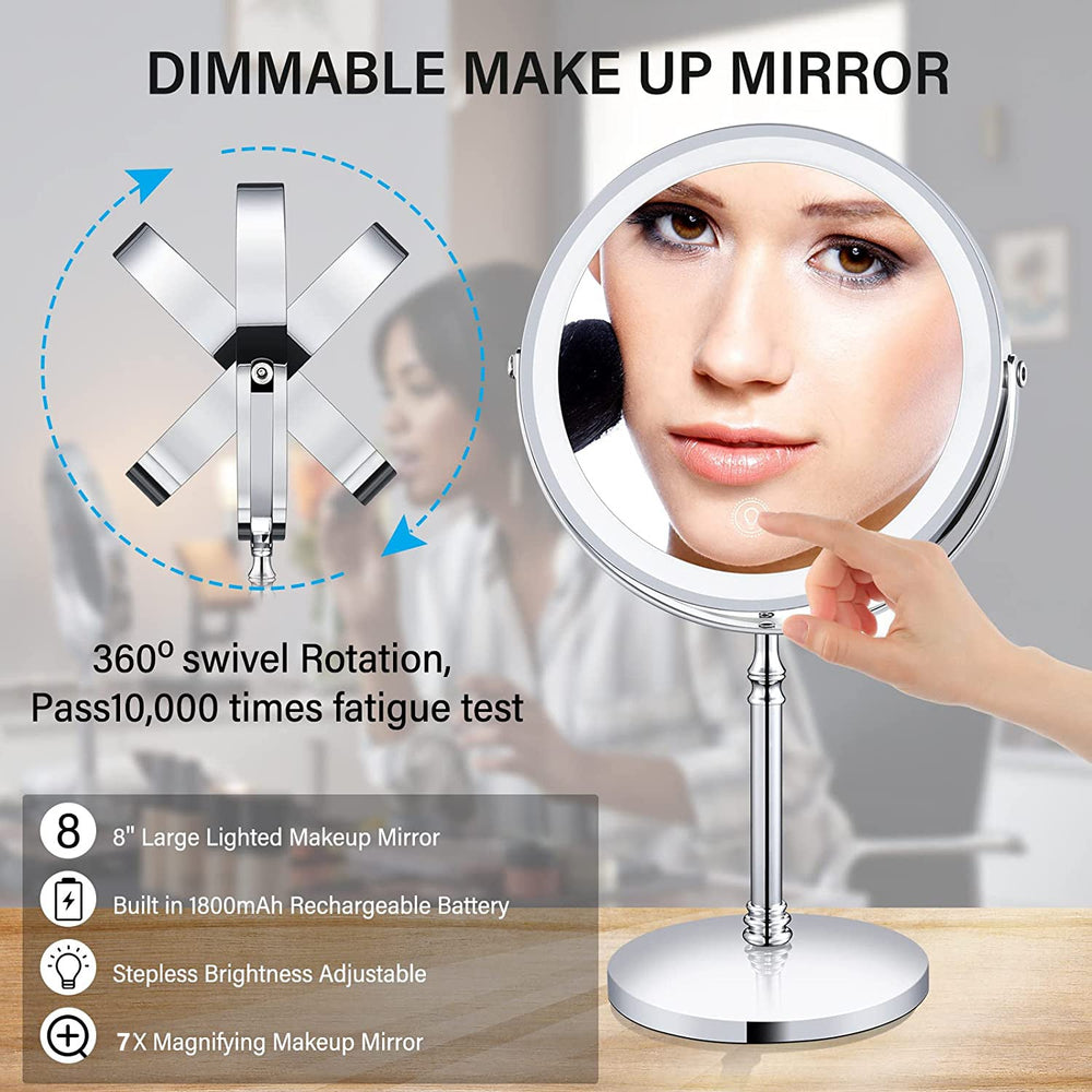 LED Makeup Mirror 1x/7x Magnification with Lights, 8" Double Sided Vanity Mirror 360° Rotating, 3 Light Mode, Smart Touch, USB Rechargeable