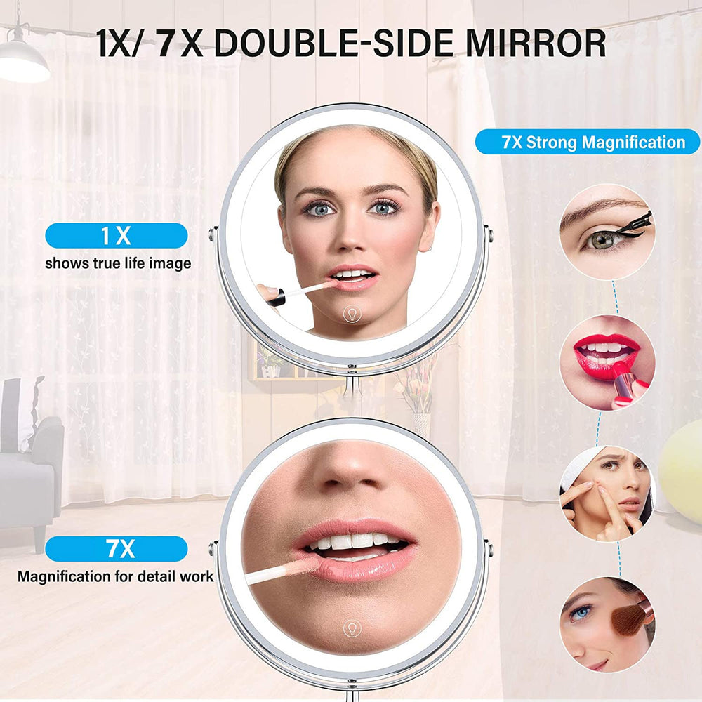 LED Makeup Mirror 1x/7x Magnification with Lights, 8" Double Sided Vanity Mirror 360° Rotating, 3 Light Mode, Smart Touch, USB Rechargeable