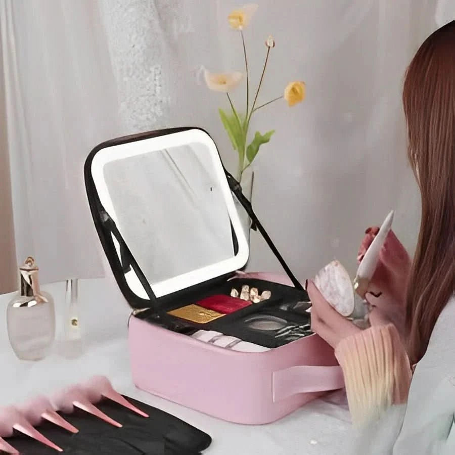 MirrorGlam | LED Light Makeup Bag with Mirror for On-the-Go Styling