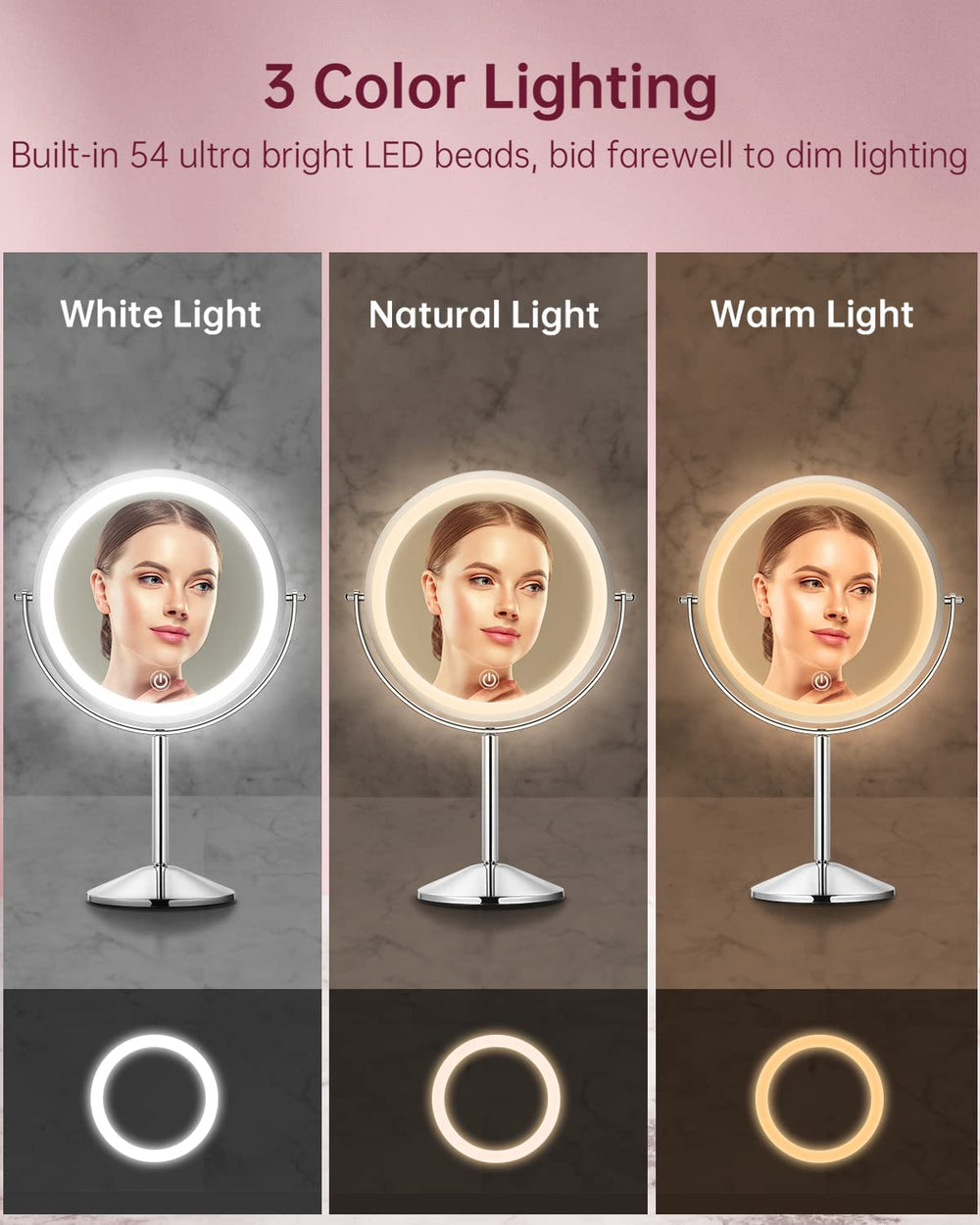 LED Makeup Mirror 1x/7x Magnification with Lights, 8" Double Sided Vanity Mirror 360° Rotating, 3 Light Mode, Smart Touch, USB Rechargeable