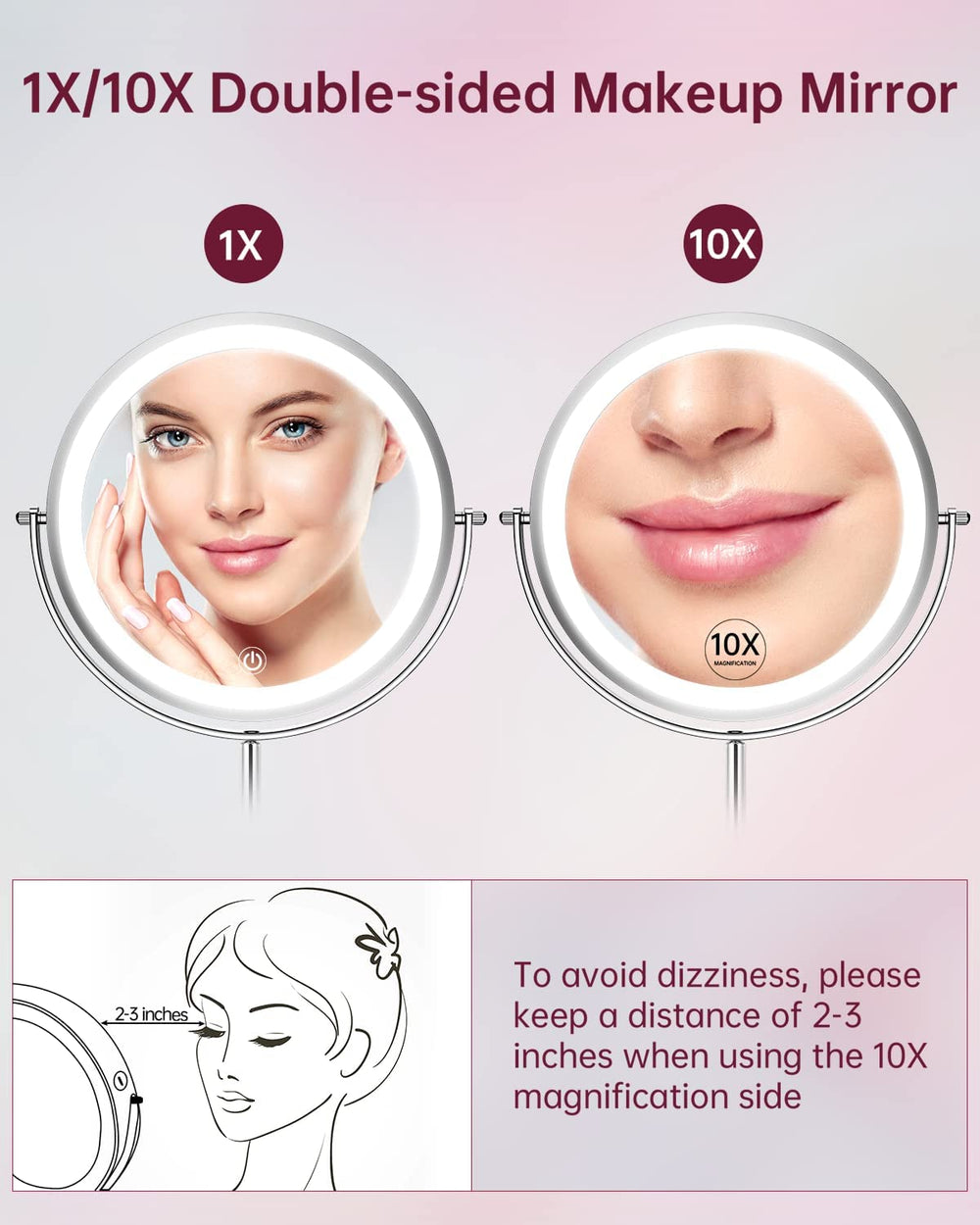 LED Makeup Mirror 1x/7x Magnification with Lights, 8" Double Sided Vanity Mirror 360° Rotating, 3 Light Mode, Smart Touch, USB Rechargeable