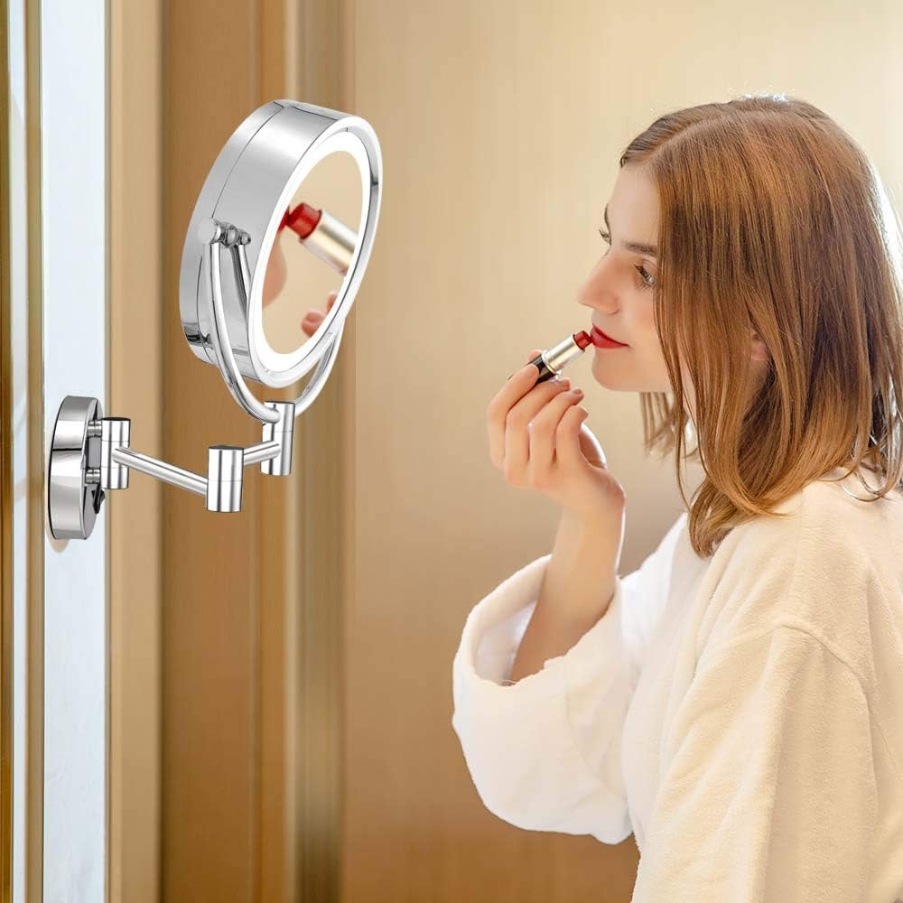 1X/10X Wall Mounted Makeup Mirror, 8" Double Sided Vanity Mirror for Bathroom, 360 Rotating Extendable, 3 Light Mode Smart Touch, USB Rechargeable