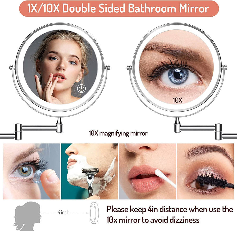 1X/10X Wall Mounted Makeup Mirror, 8" Double Sided Vanity Mirror for Bathroom, 360 Rotating Extendable, 3 Light Mode Smart Touch, USB Rechargeable