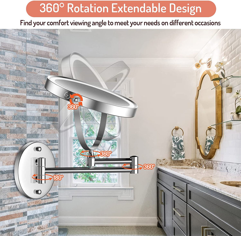 1X/10X Wall Mounted Makeup Mirror, 8" Double Sided Vanity Mirror for Bathroom, 360 Rotating Extendable, 3 Light Mode Smart Touch, USB Rechargeable