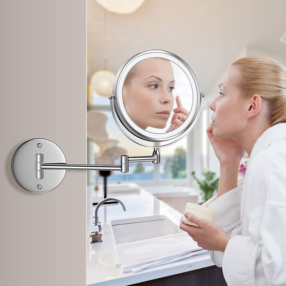 1X/10X Wall Mounted Makeup Mirror, 8" Double Sided Vanity Mirror for Bathroom, 360 Rotating Extendable, 3 Light Mode Smart Touch, USB Rechargeable