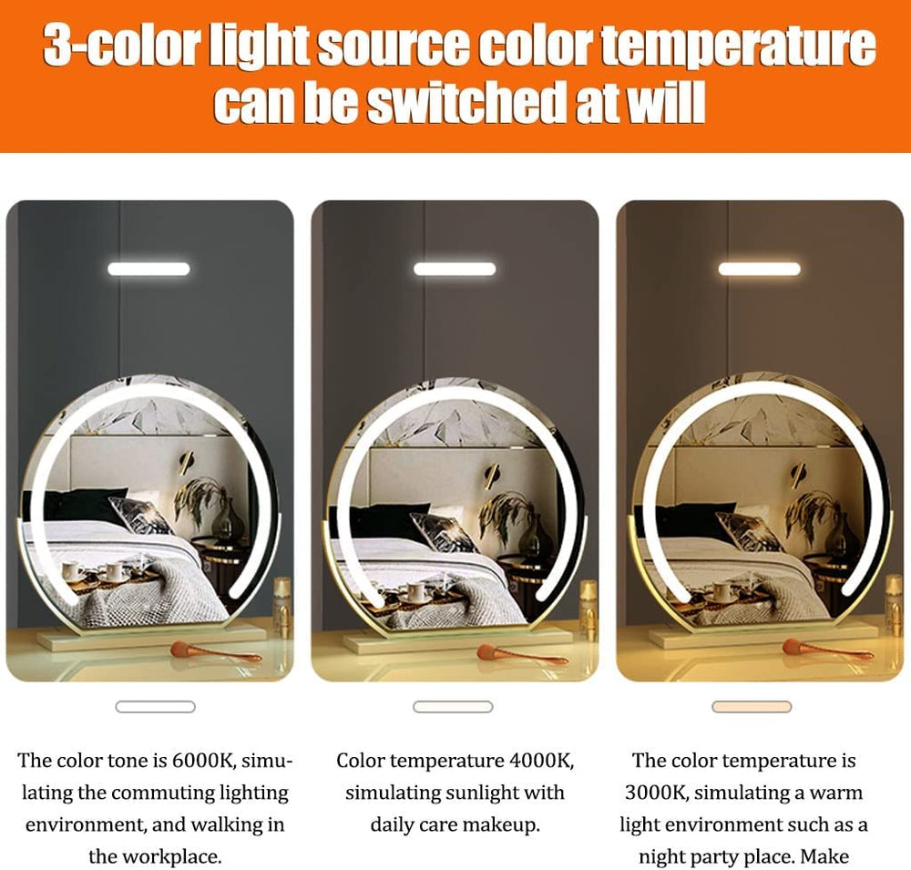 Round Makeup Vanity Mirror  for Dressing Table, LED Strip, 3 Light Mode, 360° Rotating, Adjustable Brightness, UK Plug