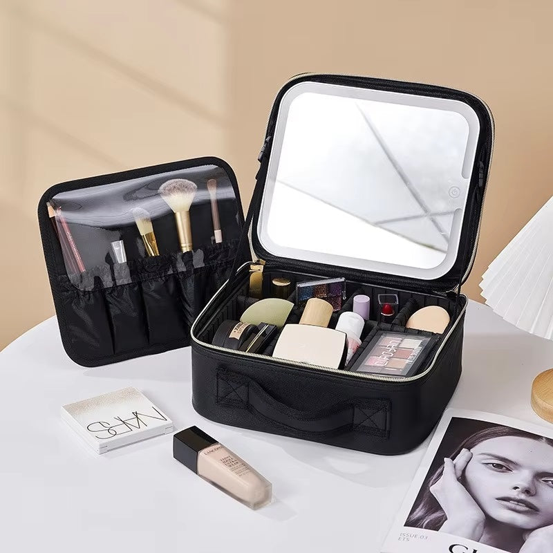 Makeup Bag with Lighted Mirror for Travel & Vanity Use