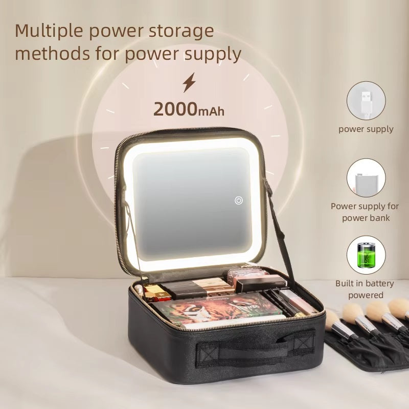 Makeup Bag with Lighted Mirror for Travel & Vanity Use