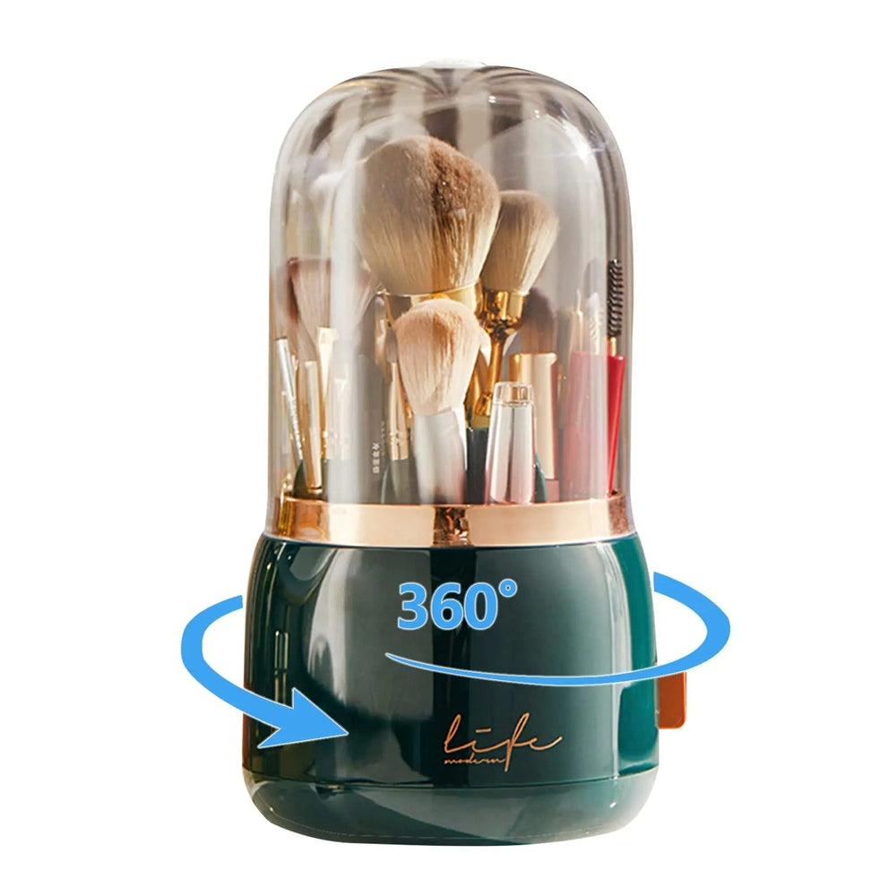 360° Rotating Makeup Brush Organizer with Dustproof Lid Holder