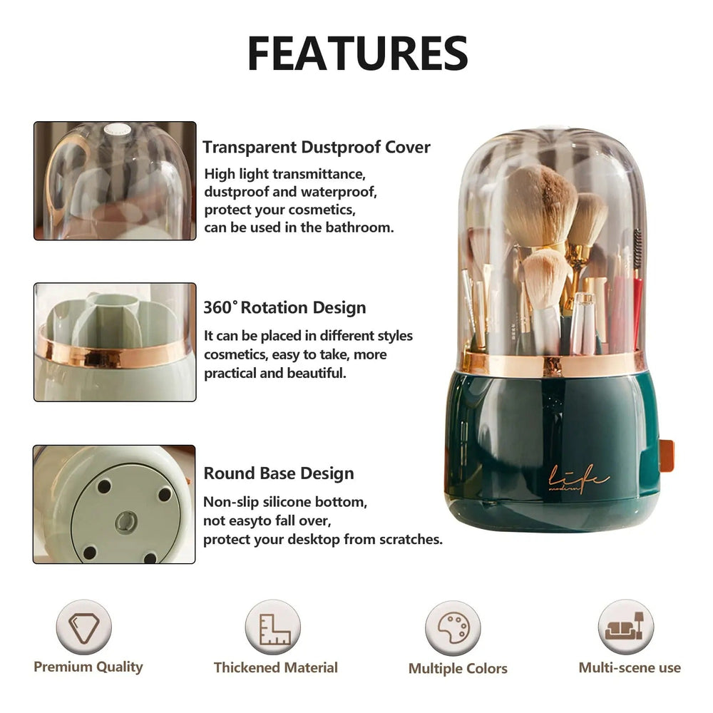 360° Rotating Makeup Brush Organizer with Dustproof Lid Holder
