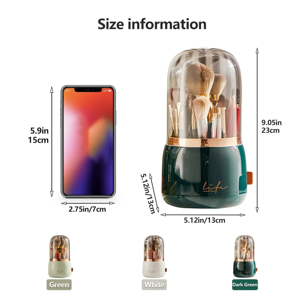 360° Rotating Makeup Brush Organizer with Dustproof Lid Holder