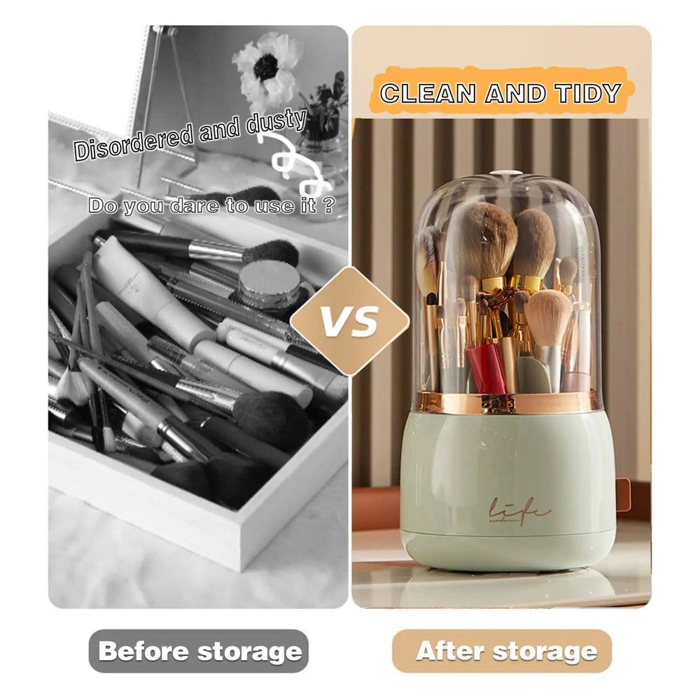 360° Rotating Makeup Brush Organizer with Dustproof Lid Holder