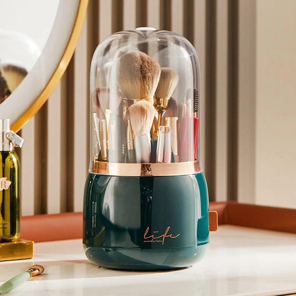 360° Rotating Makeup Brush Organizer with Dustproof Lid Holder