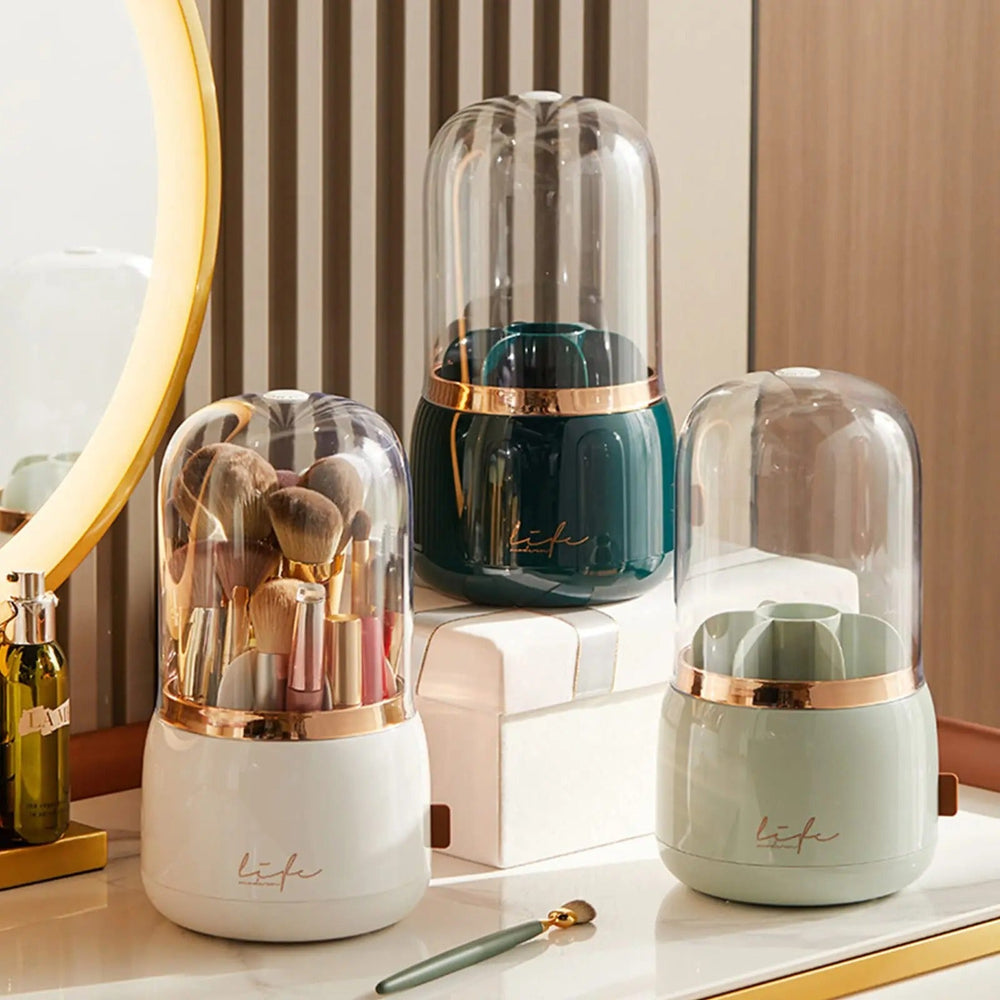 360° Rotating Makeup Brush Organizer with Dustproof Lid Holder