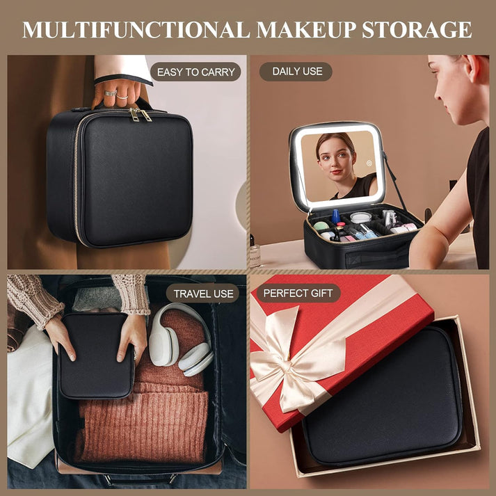 Makeup Bag with Lighted Mirror for Travel & Vanity Use
