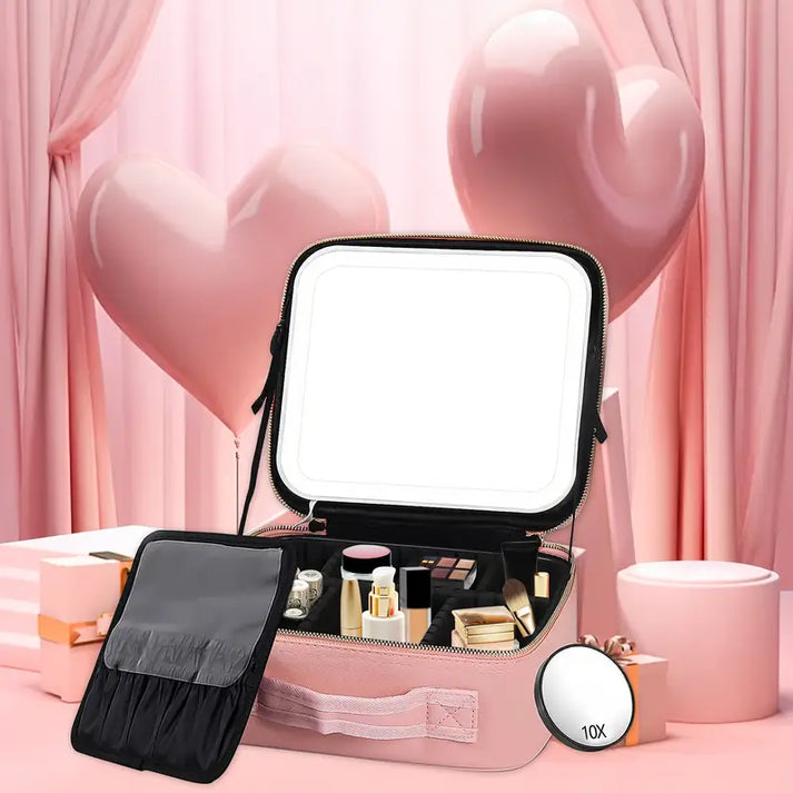 Makeup Bag with Lighted Mirror for Travel & Vanity Use